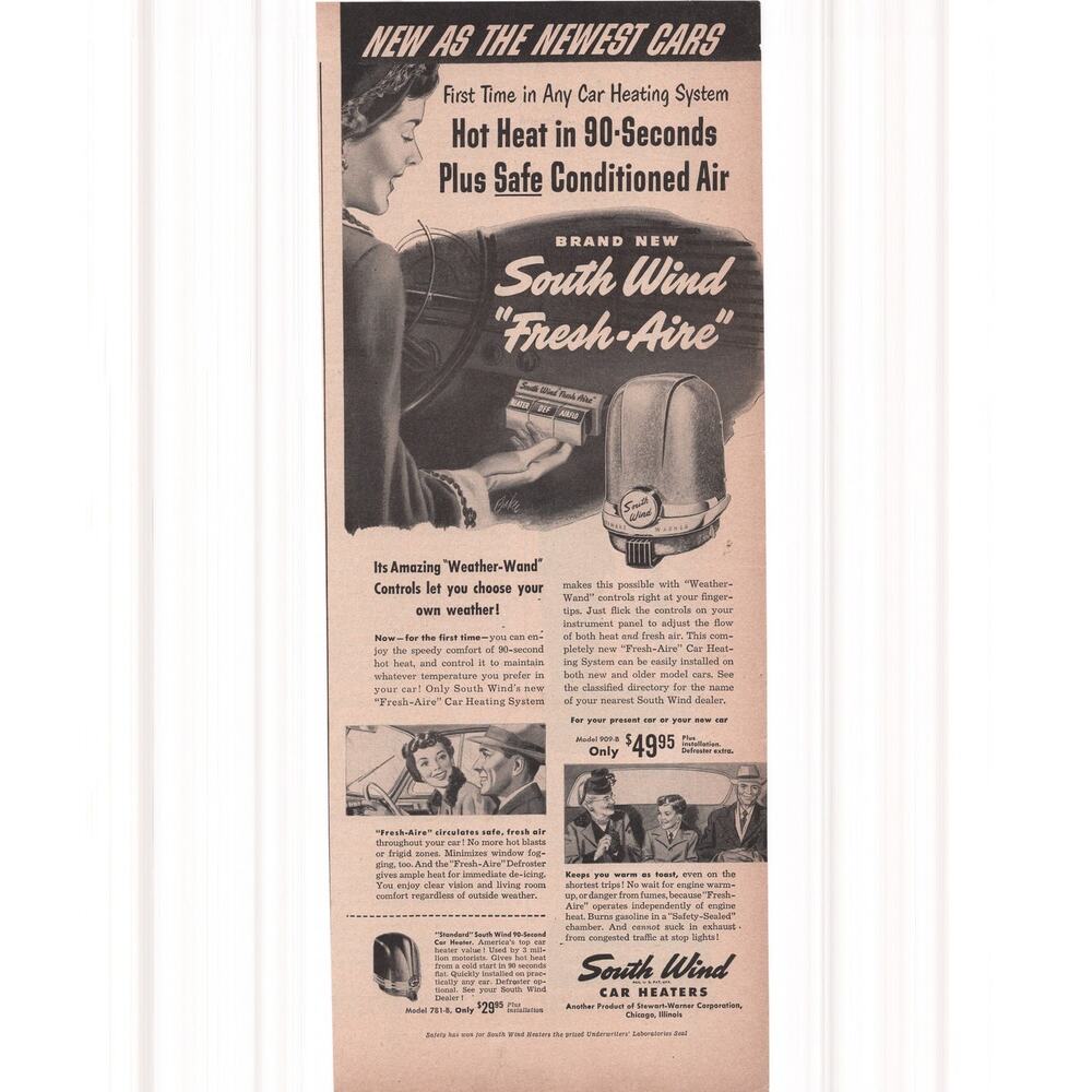 South Wind Car Heaters Advertisement Vintage 1950 Automobilia Transportation